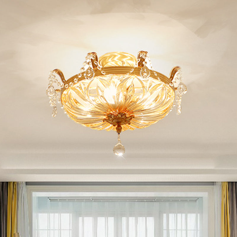 5-Light Shaded Flush Ceiling Light Vintage Brass Amber Glass Semi Flush Mount Lighting for Living Room Clearhalo 'Ceiling Lights' 'Close To Ceiling Lights' 'Close to ceiling' 'Semi-flushmount' Lighting' 2465035