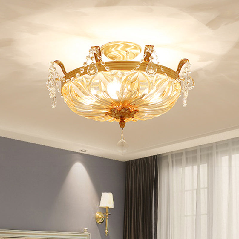 5-Light Shaded Flush Ceiling Light Vintage Brass Amber Glass Semi Flush Mount Lighting for Living Room Clearhalo 'Ceiling Lights' 'Close To Ceiling Lights' 'Close to ceiling' 'Semi-flushmount' Lighting' 2465036