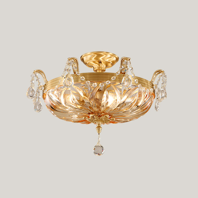 5-Light Shaded Flush Ceiling Light Vintage Brass Amber Glass Semi Flush Mount Lighting for Living Room Clearhalo 'Ceiling Lights' 'Close To Ceiling Lights' 'Close to ceiling' 'Semi-flushmount' Lighting' 2465037