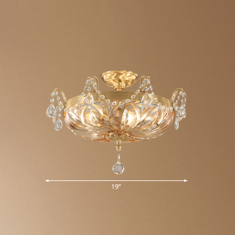 5-Light Shaded Flush Ceiling Light Vintage Brass Amber Glass Semi Flush Mount Lighting for Living Room Clearhalo 'Ceiling Lights' 'Close To Ceiling Lights' 'Close to ceiling' 'Semi-flushmount' Lighting' 2465038