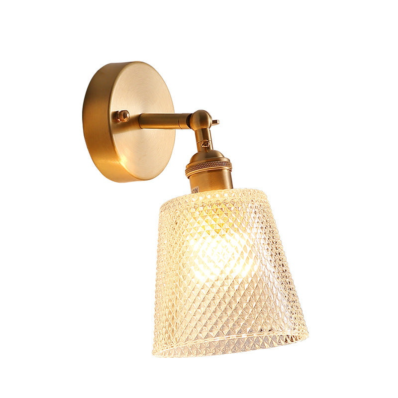 Tapered Adjustable Sconce Lighting Postmodern Textured Glass 1 Head Gold Wall Lamp for Bedroom Clearhalo 'Art deco wall lights' 'Cast Iron' 'Glass' 'Industrial wall lights' 'Industrial' 'Middle century wall lights' 'Modern' 'Rustic wall lights' 'Tiffany' 'Traditional wall lights' 'Wall Lamps & Sconces' 'Wall Lights' Lighting' 2465147