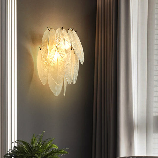 Clear Glass Leaf Sconce Lamp Art Deco 2-Bulb Brass Finish Wall Mounted Light for Dining Room Clearhalo 'Cast Iron' 'Glass' 'Industrial' 'Modern wall lights' 'Modern' 'Tiffany' 'Traditional wall lights' 'Wall Lamps & Sconces' 'Wall Lights' Lighting' 2465159
