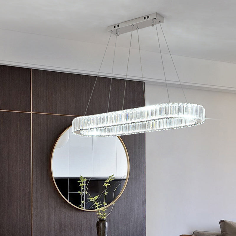 Minimalist Oblong LED Suspension Lamp Optical K9 Crystal Restaurant Hanging Island Light Silver Clearhalo 'Ceiling Lights' 'Island Lights' Lighting' 2465245