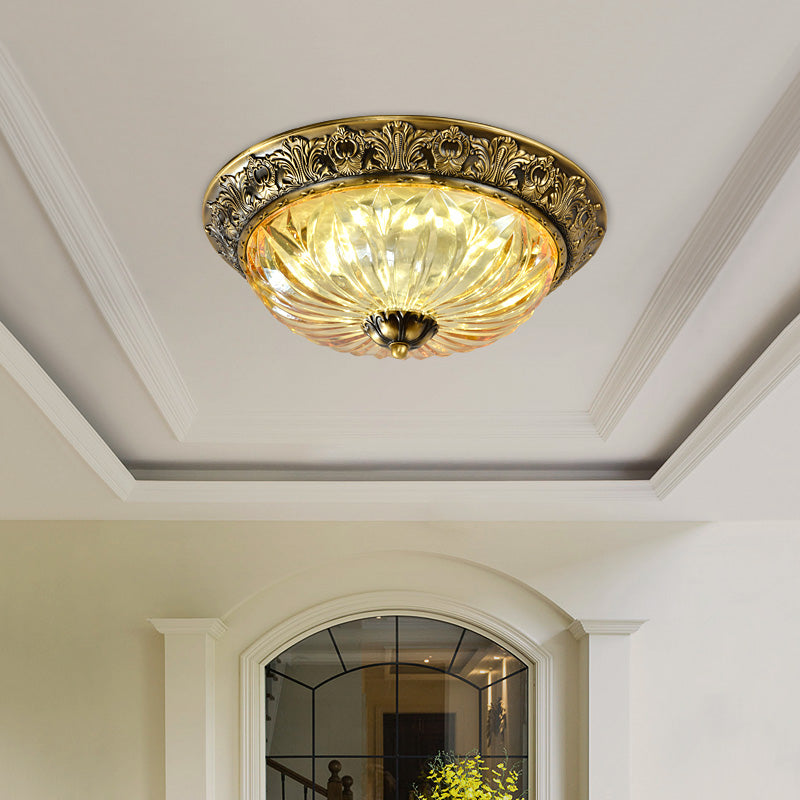Antiqued Brass Bowl Ceiling Lamp Traditional Carved Glass Corridor Flush Mount Light Fixture Clearhalo 'Ceiling Lights' 'Close To Ceiling Lights' 'Close to ceiling' 'Flush mount' Lighting' 2465376