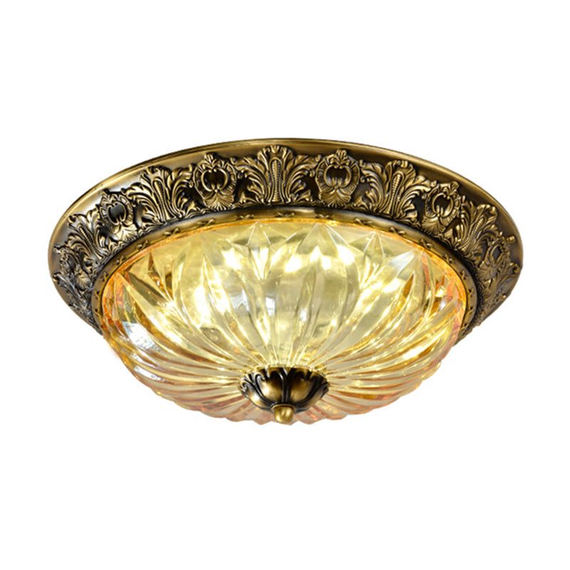 Antiqued Brass Bowl Ceiling Lamp Traditional Carved Glass Corridor Flush Mount Light Fixture Brass Clearhalo 'Ceiling Lights' 'Close To Ceiling Lights' 'Close to ceiling' 'Flush mount' Lighting' 2465377