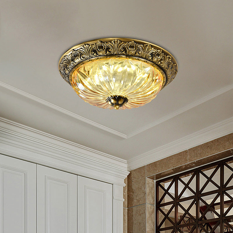 Antiqued Brass Bowl Ceiling Lamp Traditional Carved Glass Corridor Flush Mount Light Fixture Clearhalo 'Ceiling Lights' 'Close To Ceiling Lights' 'Close to ceiling' 'Flush mount' Lighting' 2465378