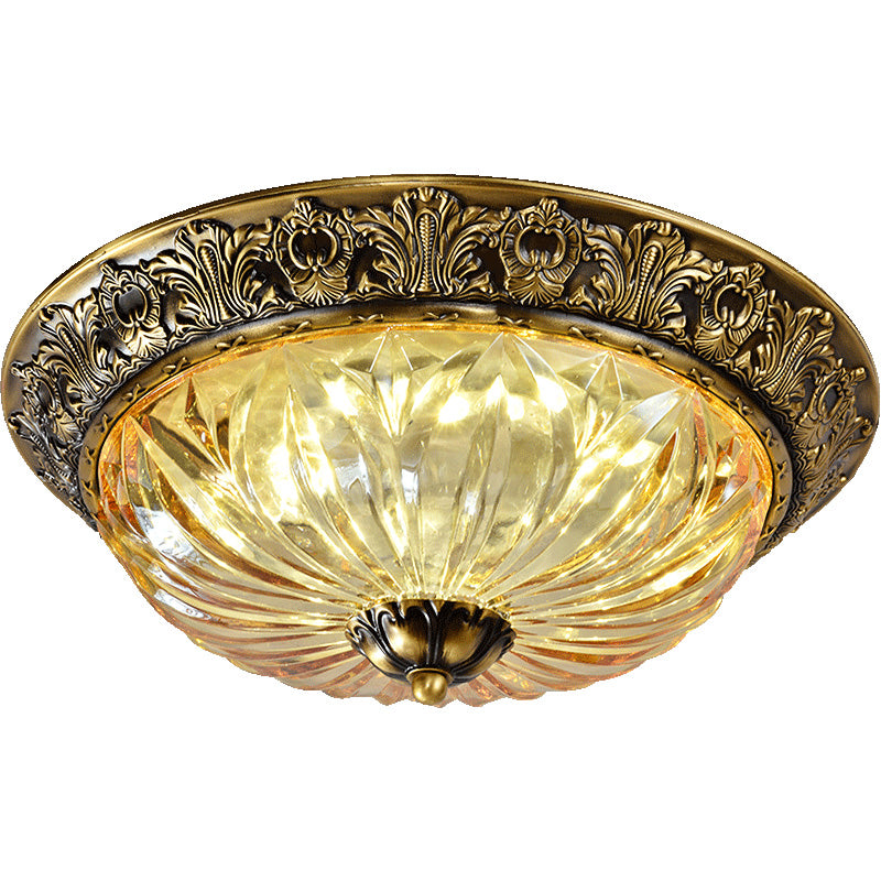 Antiqued Brass Bowl Ceiling Lamp Traditional Carved Glass Corridor Flush Mount Light Fixture Clearhalo 'Ceiling Lights' 'Close To Ceiling Lights' 'Close to ceiling' 'Flush mount' Lighting' 2465379