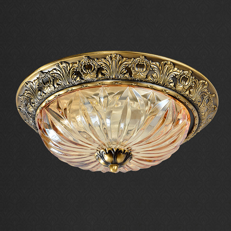 Antiqued Brass Bowl Ceiling Lamp Traditional Carved Glass Corridor Flush Mount Light Fixture Clearhalo 'Ceiling Lights' 'Close To Ceiling Lights' 'Close to ceiling' 'Flush mount' Lighting' 2465380