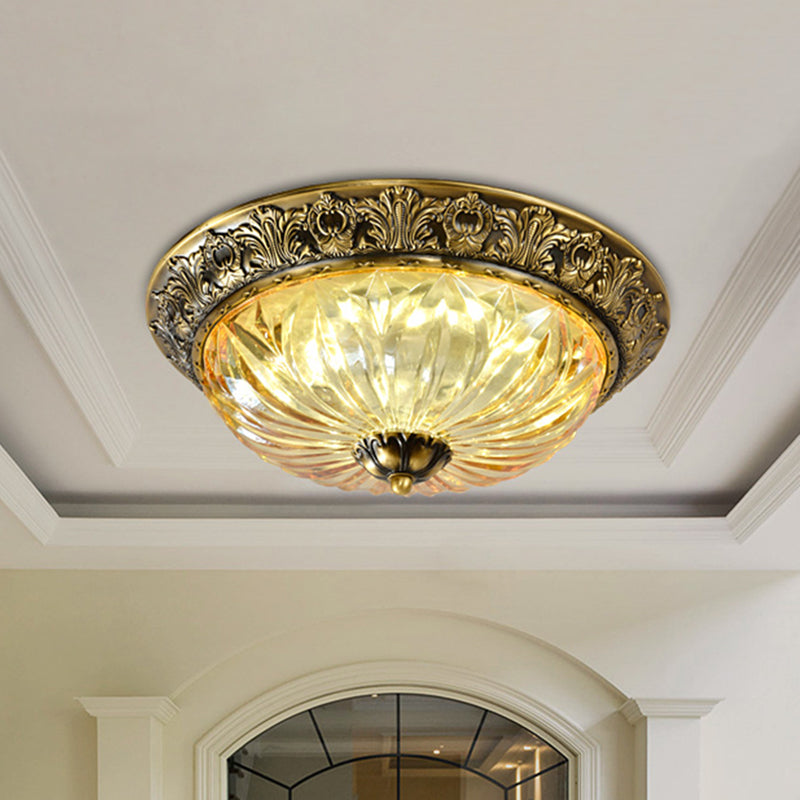 Antiqued Brass Bowl Ceiling Lamp Traditional Carved Glass Corridor Flush Mount Light Fixture Clearhalo 'Ceiling Lights' 'Close To Ceiling Lights' 'Close to ceiling' 'Flush mount' Lighting' 2465381