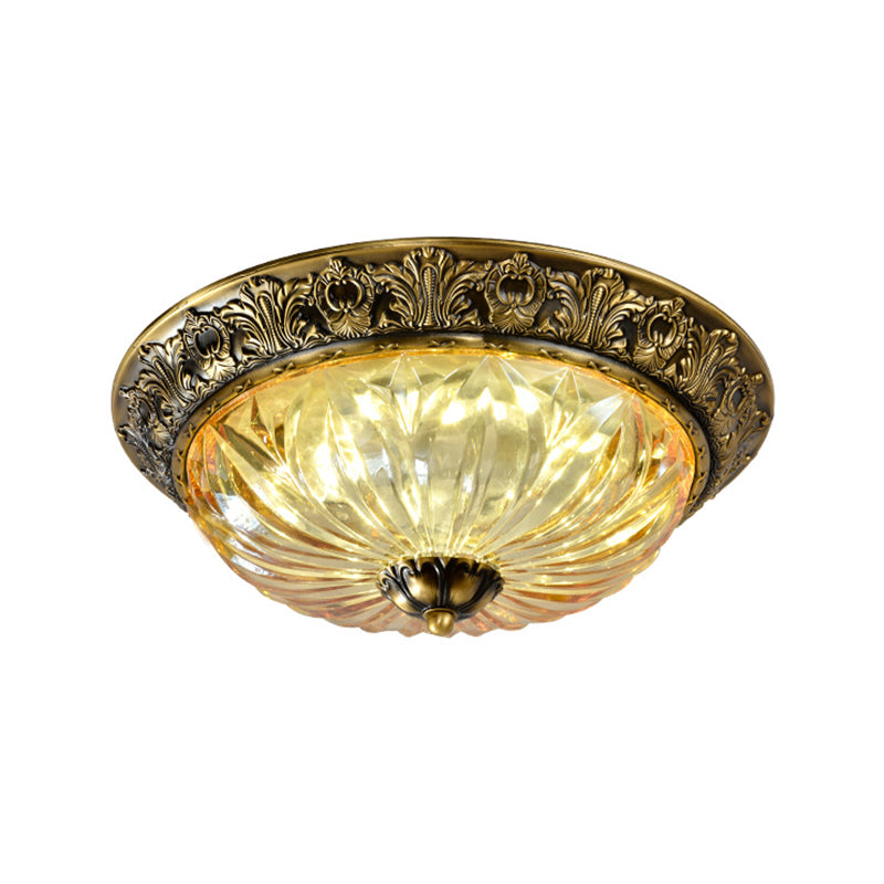 Antiqued Brass Bowl Ceiling Lamp Traditional Carved Glass Corridor Flush Mount Light Fixture Clearhalo 'Ceiling Lights' 'Close To Ceiling Lights' 'Close to ceiling' 'Flush mount' Lighting' 2465382