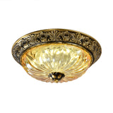 Antiqued Brass Bowl Ceiling Lamp Traditional Carved Glass Corridor Flush Mount Light Fixture Clearhalo 'Ceiling Lights' 'Close To Ceiling Lights' 'Close to ceiling' 'Flush mount' Lighting' 2465383