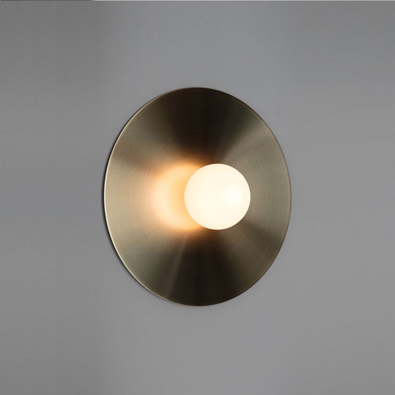 Gold Disk Flush Wall Sconce Postmodern 1-Bulb Metal Wall Light with Ball White Glass Shade Gold Clearhalo 'Cast Iron' 'Glass' 'Industrial' 'Modern wall lights' 'Modern' 'Tiffany' 'Traditional wall lights' 'Wall Lamps & Sconces' 'Wall Lights' Lighting' 2465395