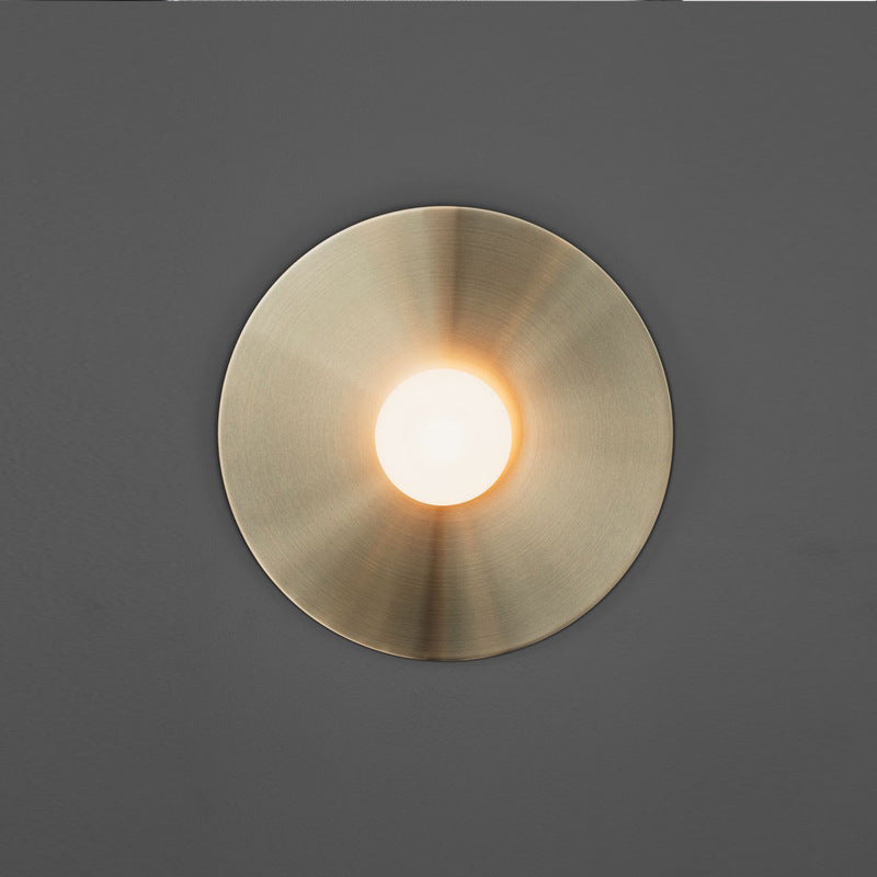 Gold Disk Flush Wall Sconce Postmodern 1-Bulb Metal Wall Light with Ball White Glass Shade Clearhalo 'Cast Iron' 'Glass' 'Industrial' 'Modern wall lights' 'Modern' 'Tiffany' 'Traditional wall lights' 'Wall Lamps & Sconces' 'Wall Lights' Lighting' 2465396