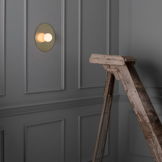 Gold Disk Flush Wall Sconce Postmodern 1-Bulb Metal Wall Light with Ball White Glass Shade Clearhalo 'Cast Iron' 'Glass' 'Industrial' 'Modern wall lights' 'Modern' 'Tiffany' 'Traditional wall lights' 'Wall Lamps & Sconces' 'Wall Lights' Lighting' 2465398