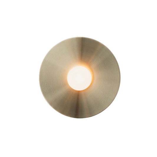 Gold Disk Flush Wall Sconce Postmodern 1-Bulb Metal Wall Light with Ball White Glass Shade Clearhalo 'Cast Iron' 'Glass' 'Industrial' 'Modern wall lights' 'Modern' 'Tiffany' 'Traditional wall lights' 'Wall Lamps & Sconces' 'Wall Lights' Lighting' 2465399