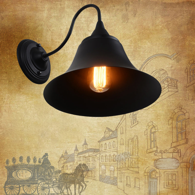 Matte Black Flared Wall Lamp Retro Metal 1 Bulb Balcony Wall Mounted Light with Gooseneck Arm Clearhalo 'Art deco wall lights' 'Cast Iron' 'Glass' 'Industrial wall lights' 'Industrial' 'Middle century wall lights' 'Modern' 'Rustic wall lights' 'Tiffany' 'Traditional wall lights' 'Wall Lamps & Sconces' 'Wall Lights' Lighting' 2465424