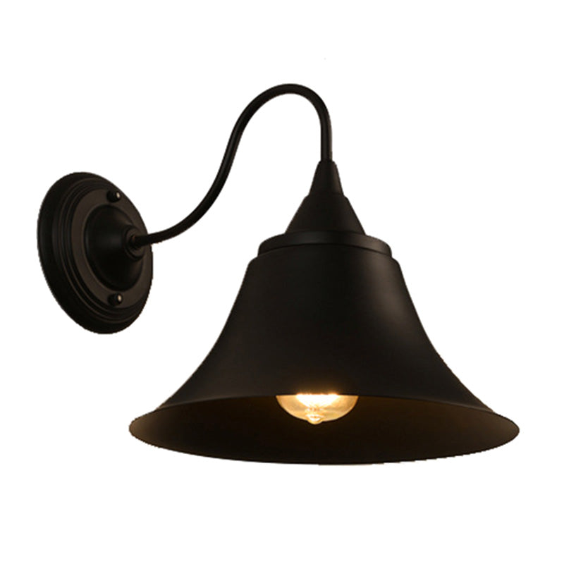Matte Black Flared Wall Lamp Retro Metal 1 Bulb Balcony Wall Mounted Light with Gooseneck Arm Black Clearhalo 'Art deco wall lights' 'Cast Iron' 'Glass' 'Industrial wall lights' 'Industrial' 'Middle century wall lights' 'Modern' 'Rustic wall lights' 'Tiffany' 'Traditional wall lights' 'Wall Lamps & Sconces' 'Wall Lights' Lighting' 2465428
