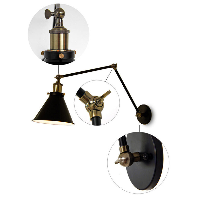 Vintage Conical Reading Wall Lamp 1 Head Metal Sconce Light with Flexible Swing Arm Clearhalo 'Art deco wall lights' 'Cast Iron' 'Glass' 'Industrial wall lights' 'Industrial' 'Middle century wall lights' 'Modern' 'Rustic wall lights' 'Tiffany' 'Traditional wall lights' 'Wall Lamps & Sconces' 'Wall Lights' Lighting' 2465432