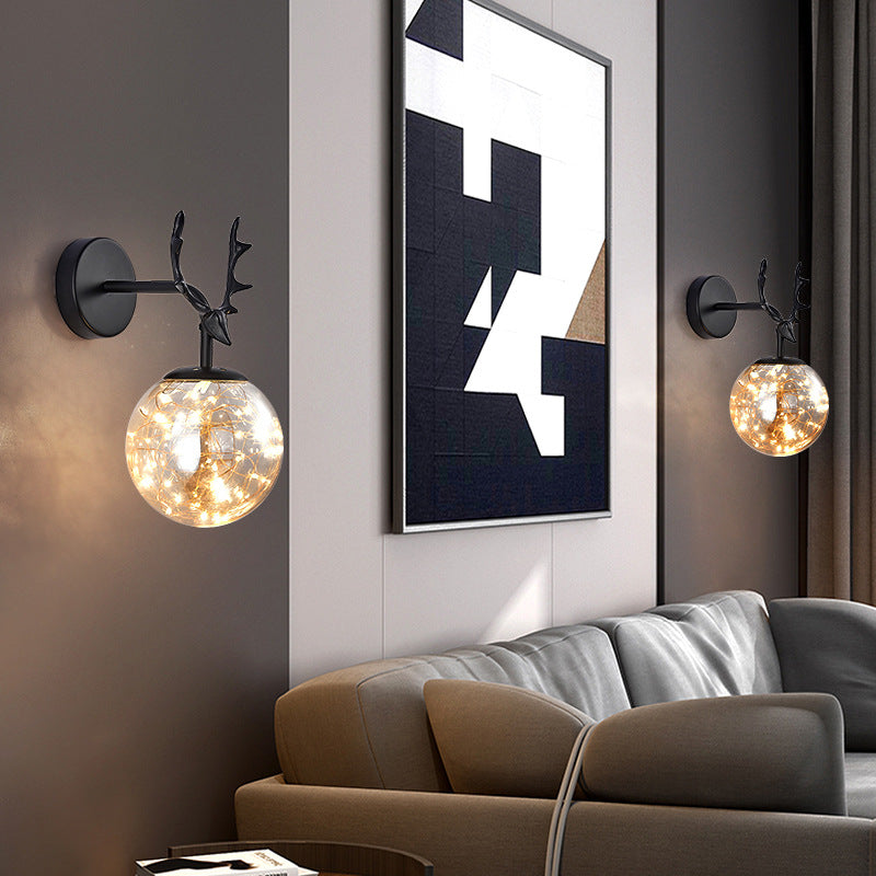 Antler and Ball Bedroom Sconce Light Glass LED Minimalist Wall Mount Lamp with Starry String Clearhalo 'Cast Iron' 'Glass' 'Industrial' 'Modern wall lights' 'Modern' 'Tiffany' 'Traditional wall lights' 'Wall Lamps & Sconces' 'Wall Lights' Lighting' 2465457