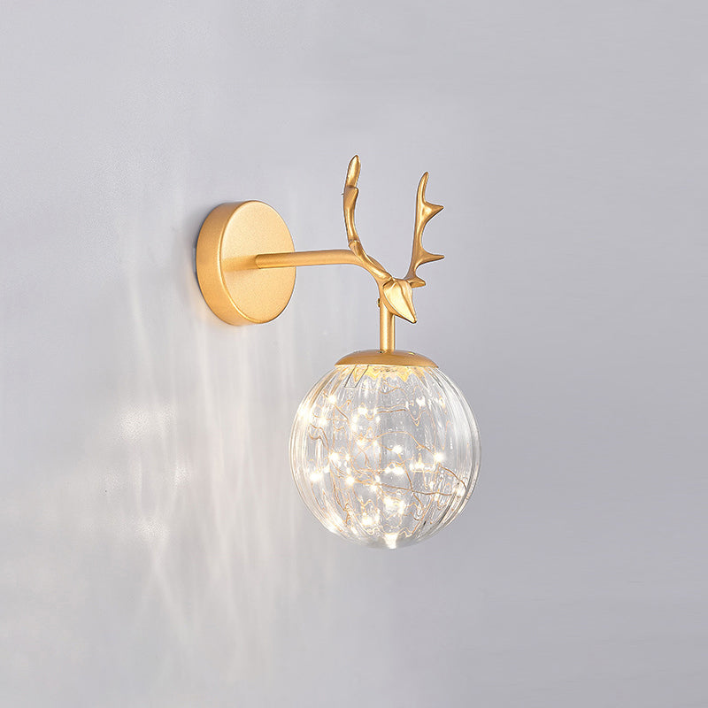 Antler and Ball Bedroom Sconce Light Glass LED Minimalist Wall Mount Lamp with Starry String Gold Ribbed Glass Clearhalo 'Cast Iron' 'Glass' 'Industrial' 'Modern wall lights' 'Modern' 'Tiffany' 'Traditional wall lights' 'Wall Lamps & Sconces' 'Wall Lights' Lighting' 2465460