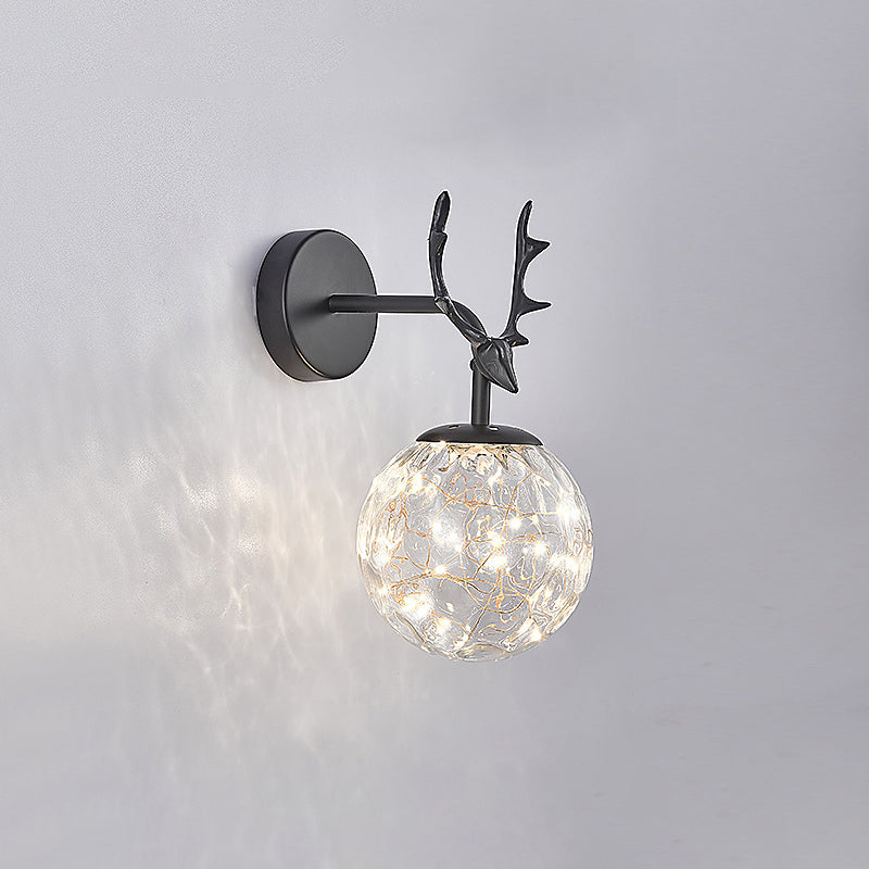 Antler and Ball Bedroom Sconce Light Glass LED Minimalist Wall Mount Lamp with Starry String Black Prismatic Glass Clearhalo 'Cast Iron' 'Glass' 'Industrial' 'Modern wall lights' 'Modern' 'Tiffany' 'Traditional wall lights' 'Wall Lamps & Sconces' 'Wall Lights' Lighting' 2465462