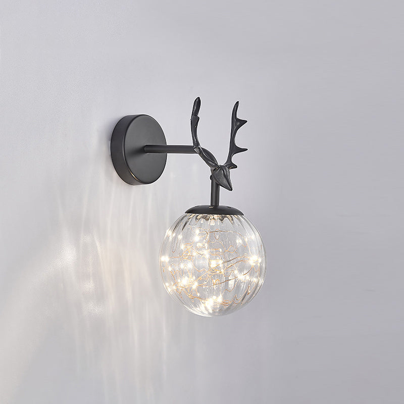 Antler and Ball Bedroom Sconce Light Glass LED Minimalist Wall Mount Lamp with Starry String Black Ribbed Glass Clearhalo 'Cast Iron' 'Glass' 'Industrial' 'Modern wall lights' 'Modern' 'Tiffany' 'Traditional wall lights' 'Wall Lamps & Sconces' 'Wall Lights' Lighting' 2465464
