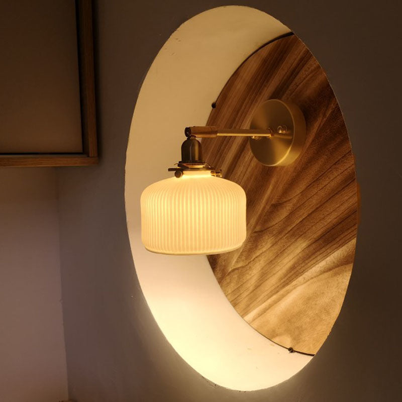 White Ribbed Glass Round Wall Light Simplicity 1 Bulb Foyer Sconce with Pivot Joint in Brass Clearhalo 'Art deco wall lights' 'Cast Iron' 'Glass' 'Industrial wall lights' 'Industrial' 'Middle century wall lights' 'Modern' 'Rustic wall lights' 'Tiffany' 'Traditional wall lights' 'Wall Lamps & Sconces' 'Wall Lights' Lighting' 2465475
