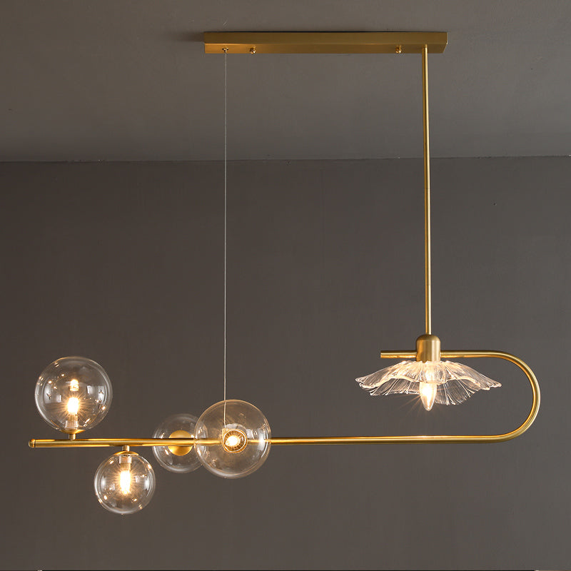 Creative Postmodern Suspension Lamp Brass Finish Ball and Lotus Leaf Island Light with Glass Shade Clearhalo 'Ceiling Lights' 'Island Lights' Lighting' 2465607