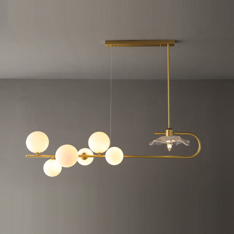 Creative Postmodern Suspension Lamp Brass Finish Ball and Lotus Leaf Island Light with Glass Shade 7 Cream Clearhalo 'Ceiling Lights' 'Island Lights' Lighting' 2465608