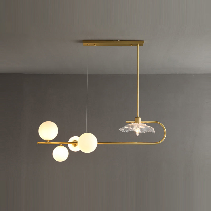 Creative Postmodern Suspension Lamp Brass Finish Ball and Lotus Leaf Island Light with Glass Shade 5 Cream Clearhalo 'Ceiling Lights' 'Island Lights' Lighting' 2465609