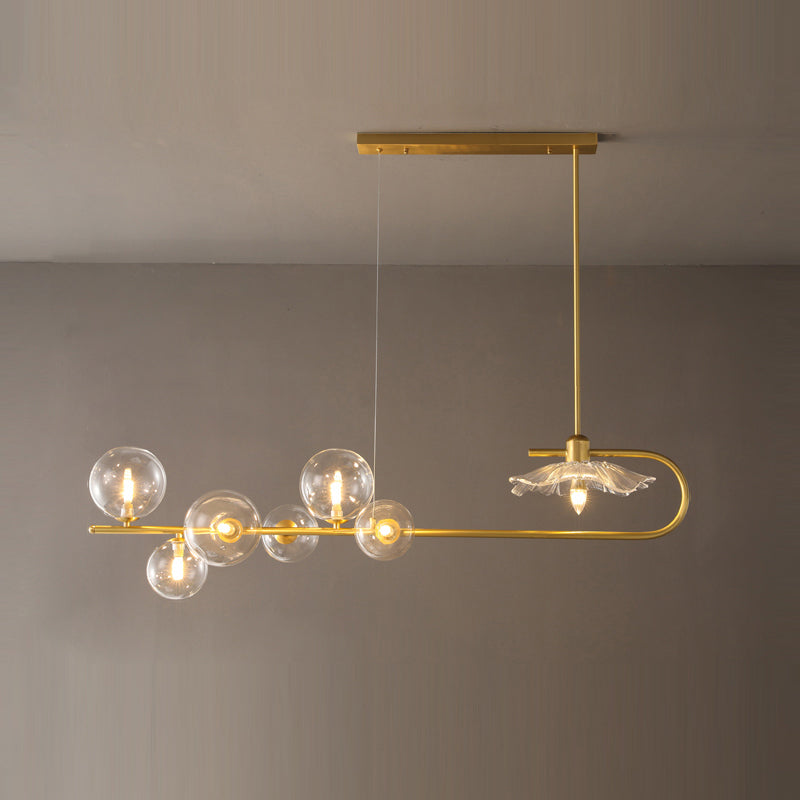 Creative Postmodern Suspension Lamp Brass Finish Ball and Lotus Leaf Island Light with Glass Shade 7 Clear Clearhalo 'Ceiling Lights' 'Island Lights' Lighting' 2465611