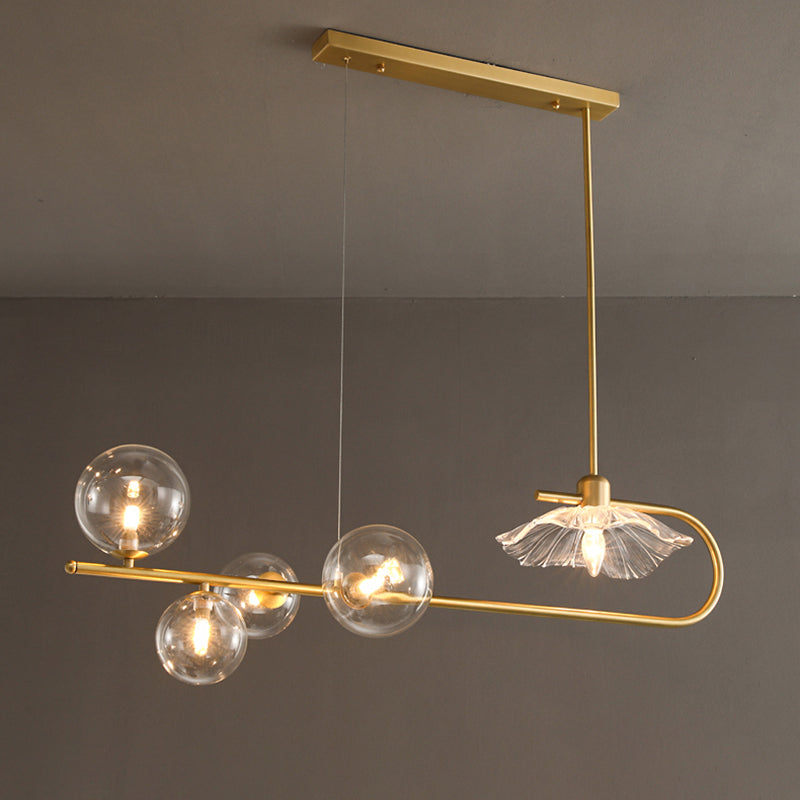 Creative Postmodern Suspension Lamp Brass Finish Ball and Lotus Leaf Island Light with Glass Shade Clearhalo 'Ceiling Lights' 'Island Lights' Lighting' 2465614