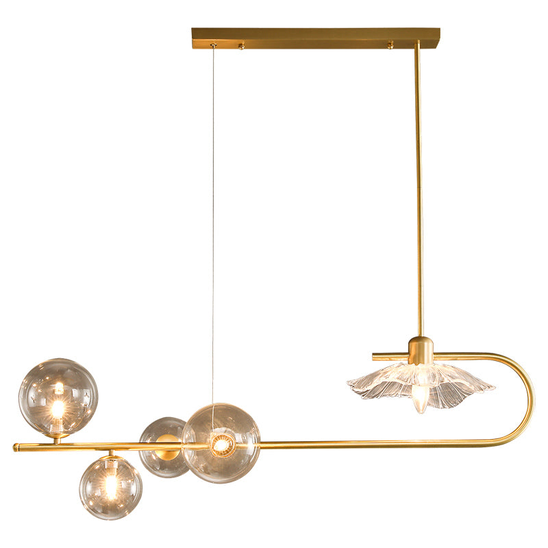 Creative Postmodern Suspension Lamp Brass Finish Ball and Lotus Leaf Island Light with Glass Shade Clearhalo 'Ceiling Lights' 'Island Lights' Lighting' 2465615