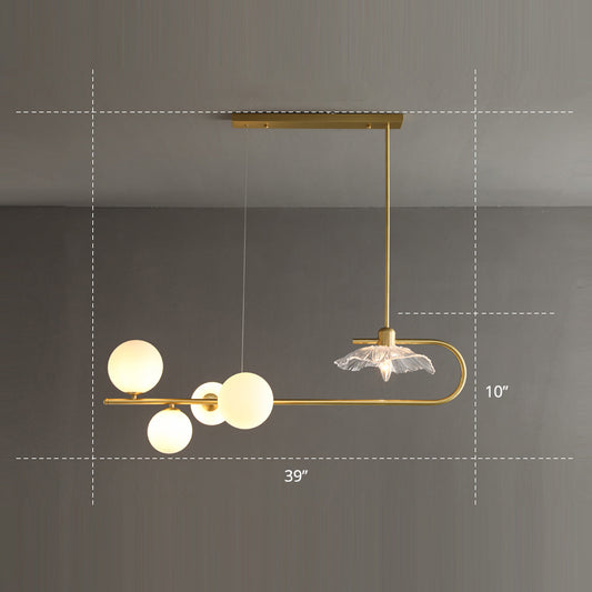 Creative Postmodern Suspension Lamp Brass Finish Ball and Lotus Leaf Island Light with Glass Shade Clearhalo 'Ceiling Lights' 'Island Lights' Lighting' 2465617