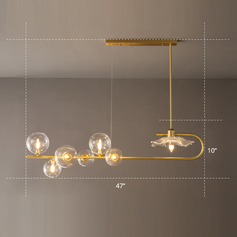 Creative Postmodern Suspension Lamp Brass Finish Ball and Lotus Leaf Island Light with Glass Shade Clearhalo 'Ceiling Lights' 'Island Lights' Lighting' 2465619