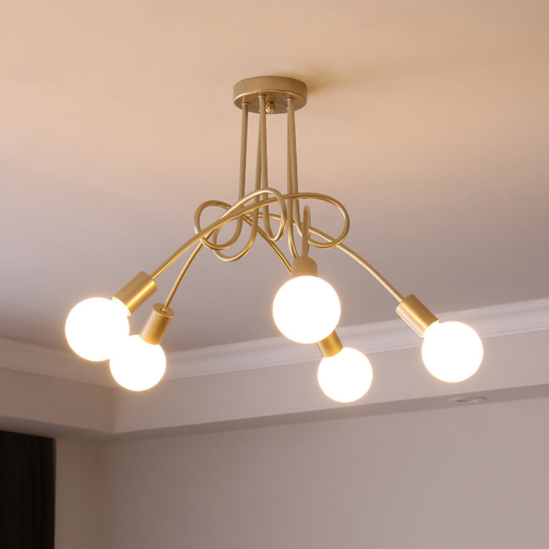Twist Metal Flush Chandelier Loft Style Bedroom Semi Flush Ceiling Light with Open Bulb Design 5 Gold Clearhalo 'Ceiling Lights' 'Close To Ceiling Lights' 'Close to ceiling' 'Semi-flushmount' Lighting' 2465631