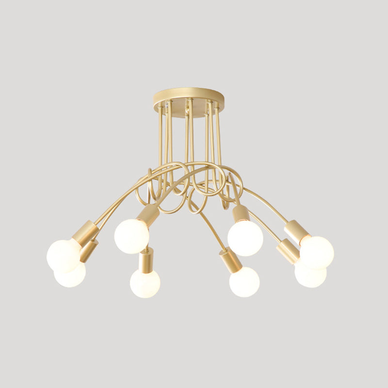 Twist Metal Flush Chandelier Loft Style Bedroom Semi Flush Ceiling Light with Open Bulb Design 8 Gold Clearhalo 'Ceiling Lights' 'Close To Ceiling Lights' 'Close to ceiling' 'Semi-flushmount' Lighting' 2465632