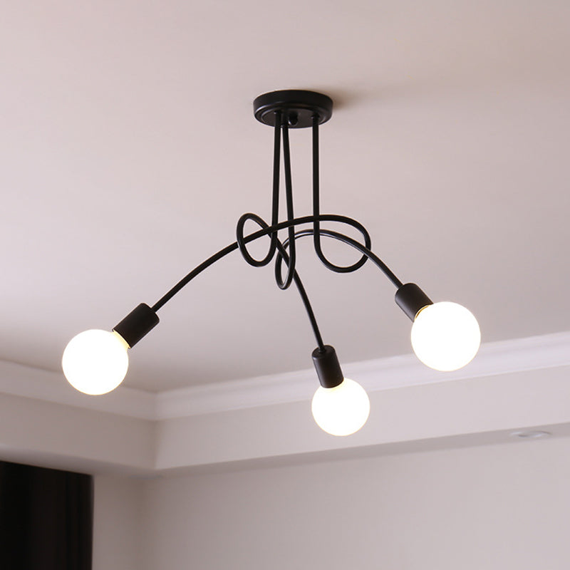 Twist Metal Flush Chandelier Loft Style Bedroom Semi Flush Ceiling Light with Open Bulb Design 3 Black Clearhalo 'Ceiling Lights' 'Close To Ceiling Lights' 'Close to ceiling' 'Semi-flushmount' Lighting' 2465633