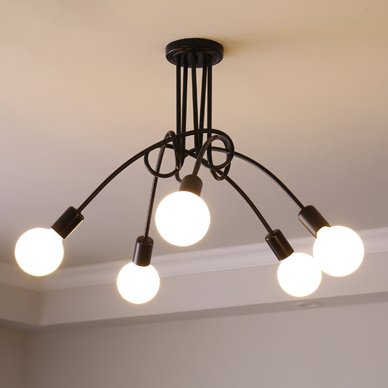 Twist Metal Flush Chandelier Loft Style Bedroom Semi Flush Ceiling Light with Open Bulb Design 5 Black Clearhalo 'Ceiling Lights' 'Close To Ceiling Lights' 'Close to ceiling' 'Semi-flushmount' Lighting' 2465635