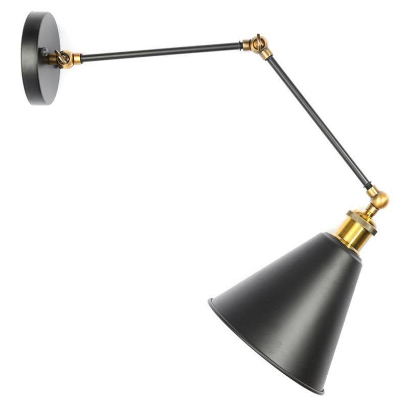 Single-Bulb Metal Sconce Light Vintage Black Conical Bedroom Reading Wall Lamp with Swing Arm Black 8"+8" Clearhalo 'Art deco wall lights' 'Cast Iron' 'Glass' 'Industrial wall lights' 'Industrial' 'Middle century wall lights' 'Modern' 'Rustic wall lights' 'Tiffany' 'Traditional wall lights' 'Wall Lamps & Sconces' 'Wall Lights' Lighting' 2465692