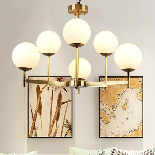 6/8 Bulbs Globe Chandelier Light Traditional Frosted Glass Hanging Ceiling Fixture in Brass 6 Brass Clearhalo 'Ceiling Lights' 'Chandeliers' 'Glass shade' 'Glass' Lighting' 246569