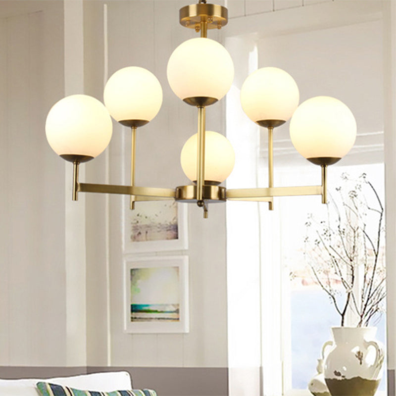 6/8 Bulbs Globe Chandelier Light Traditional Frosted Glass Hanging Ceiling Fixture in Brass Clearhalo 'Ceiling Lights' 'Chandeliers' 'Glass shade' 'Glass' Lighting' 246570