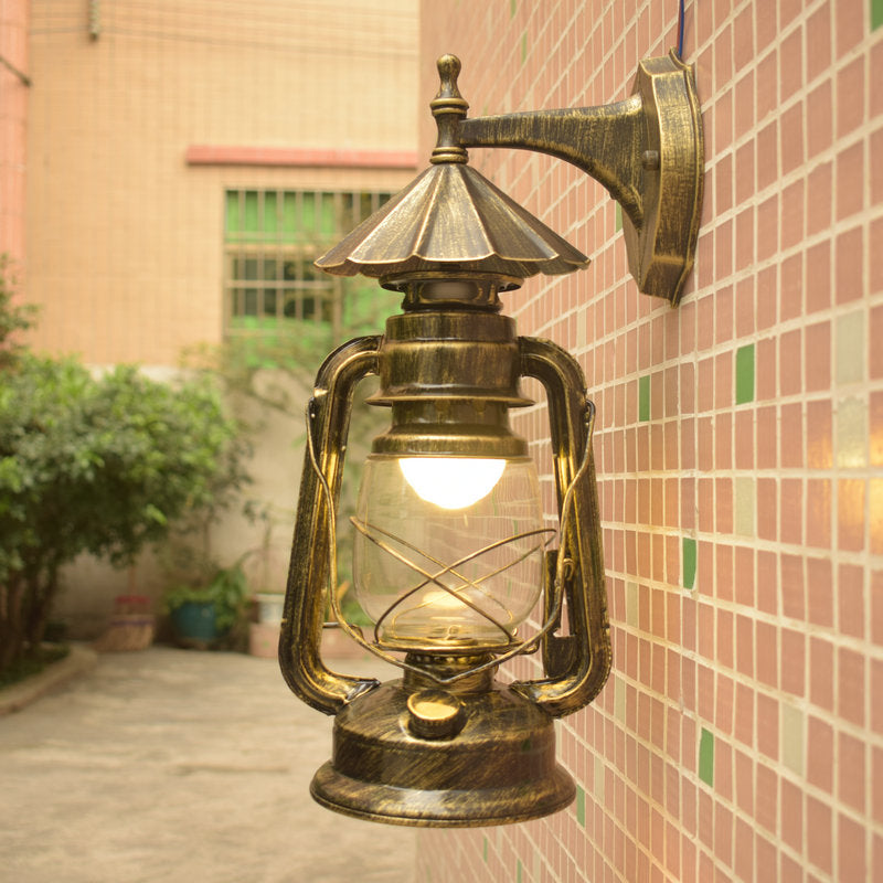 Single-Bulb Oil Lantern Sconce Antique Style Clear Glass Wall Mount Light Fixture for Aisle Clearhalo 'Art deco wall lights' 'Cast Iron' 'Glass' 'Industrial wall lights' 'Industrial' 'Middle century wall lights' 'Modern' 'Rustic wall lights' 'Tiffany' 'Traditional wall lights' 'Wall Lamps & Sconces' 'Wall Lights' Lighting' 2465717