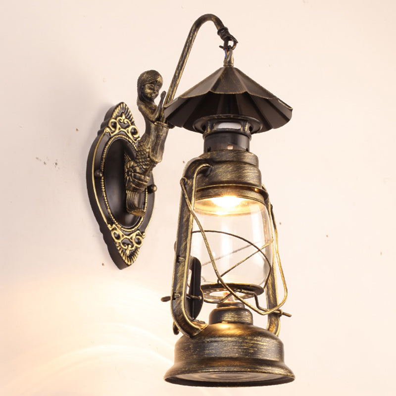 Single-Bulb Oil Lantern Sconce Antique Style Clear Glass Wall Mount Light Fixture for Aisle Bronze Mermaid Clearhalo 'Art deco wall lights' 'Cast Iron' 'Glass' 'Industrial wall lights' 'Industrial' 'Middle century wall lights' 'Modern' 'Rustic wall lights' 'Tiffany' 'Traditional wall lights' 'Wall Lamps & Sconces' 'Wall Lights' Lighting' 2465731