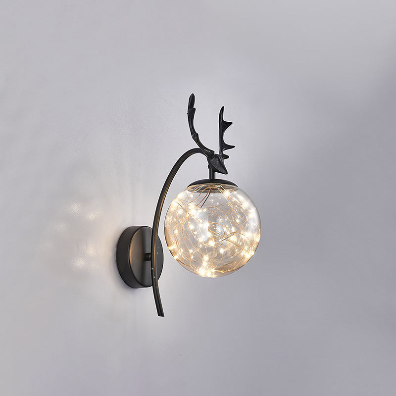 Nordic Ball Wall Mount Lighting Glass Stairs LED Starry Sconce Light with Antler Decor Black Stained Glass Clearhalo 'Cast Iron' 'Glass' 'Industrial' 'Modern wall lights' 'Modern' 'Tiffany' 'Traditional wall lights' 'Wall Lamps & Sconces' 'Wall Lights' Lighting' 2465738