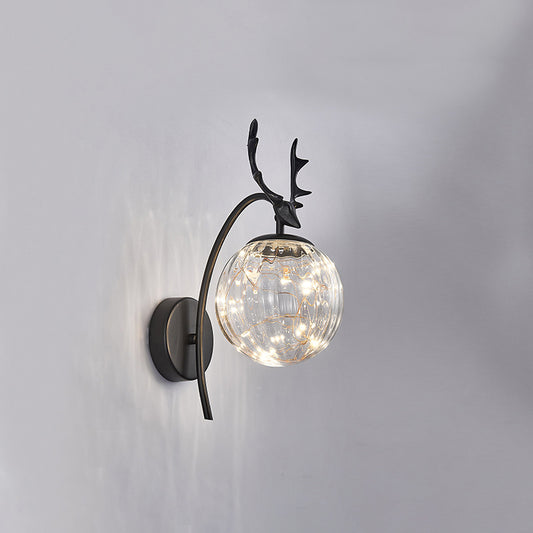Nordic Ball Wall Mount Lighting Glass Stairs LED Starry Sconce Light with Antler Decor Black Ribbed Glass Clearhalo 'Cast Iron' 'Glass' 'Industrial' 'Modern wall lights' 'Modern' 'Tiffany' 'Traditional wall lights' 'Wall Lamps & Sconces' 'Wall Lights' Lighting' 2465740