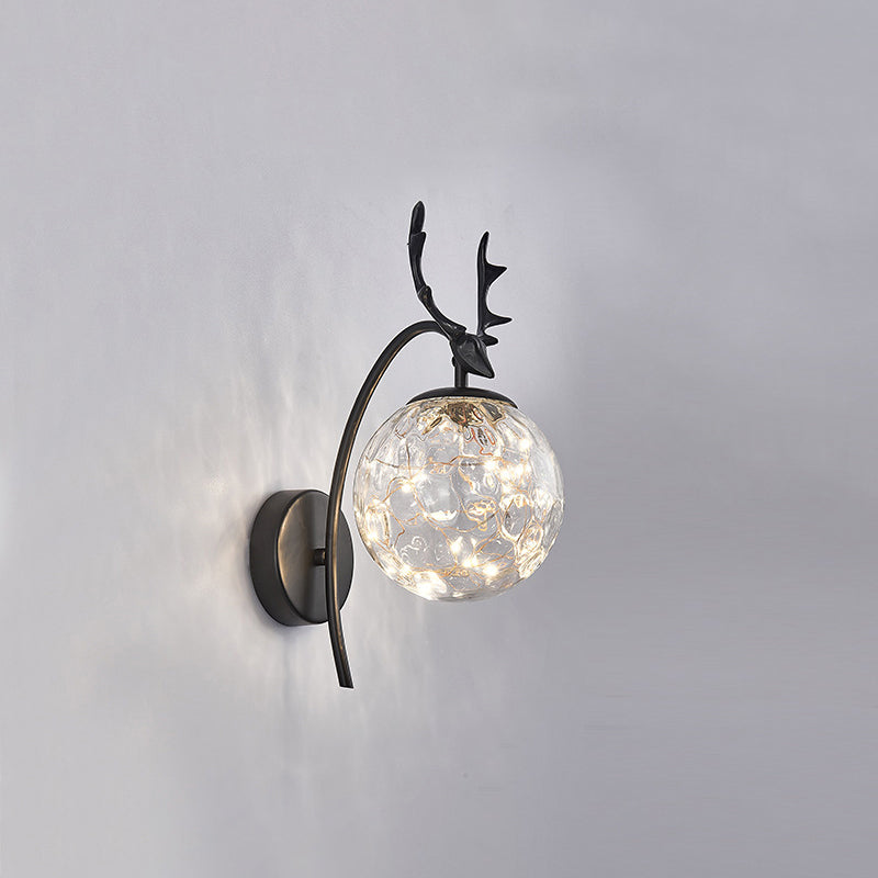 Nordic Ball Wall Mount Lighting Glass Stairs LED Starry Sconce Light with Antler Decor Black Prismatic Glass Clearhalo 'Cast Iron' 'Glass' 'Industrial' 'Modern wall lights' 'Modern' 'Tiffany' 'Traditional wall lights' 'Wall Lamps & Sconces' 'Wall Lights' Lighting' 2465743