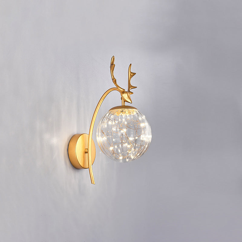 Nordic Ball Wall Mount Lighting Glass Stairs LED Starry Sconce Light with Antler Decor Gold Ribbed Glass Clearhalo 'Cast Iron' 'Glass' 'Industrial' 'Modern wall lights' 'Modern' 'Tiffany' 'Traditional wall lights' 'Wall Lamps & Sconces' 'Wall Lights' Lighting' 2465745
