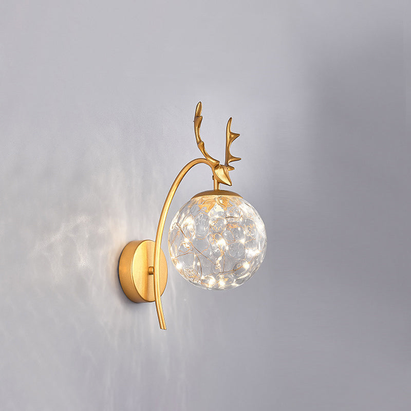 Nordic Ball Wall Mount Lighting Glass Stairs LED Starry Sconce Light with Antler Decor Gold Prismatic Glass Clearhalo 'Cast Iron' 'Glass' 'Industrial' 'Modern wall lights' 'Modern' 'Tiffany' 'Traditional wall lights' 'Wall Lamps & Sconces' 'Wall Lights' Lighting' 2465747