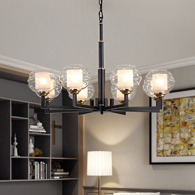 3/6/8 Bulbs Ceiling Lamp Globe Clear Textured Glass Traditional Living Room Chandelier Pendant Light in Black Clearhalo 'Ceiling Lights' 'Chandeliers' 'Glass shade' 'Glass' Lighting' 246577